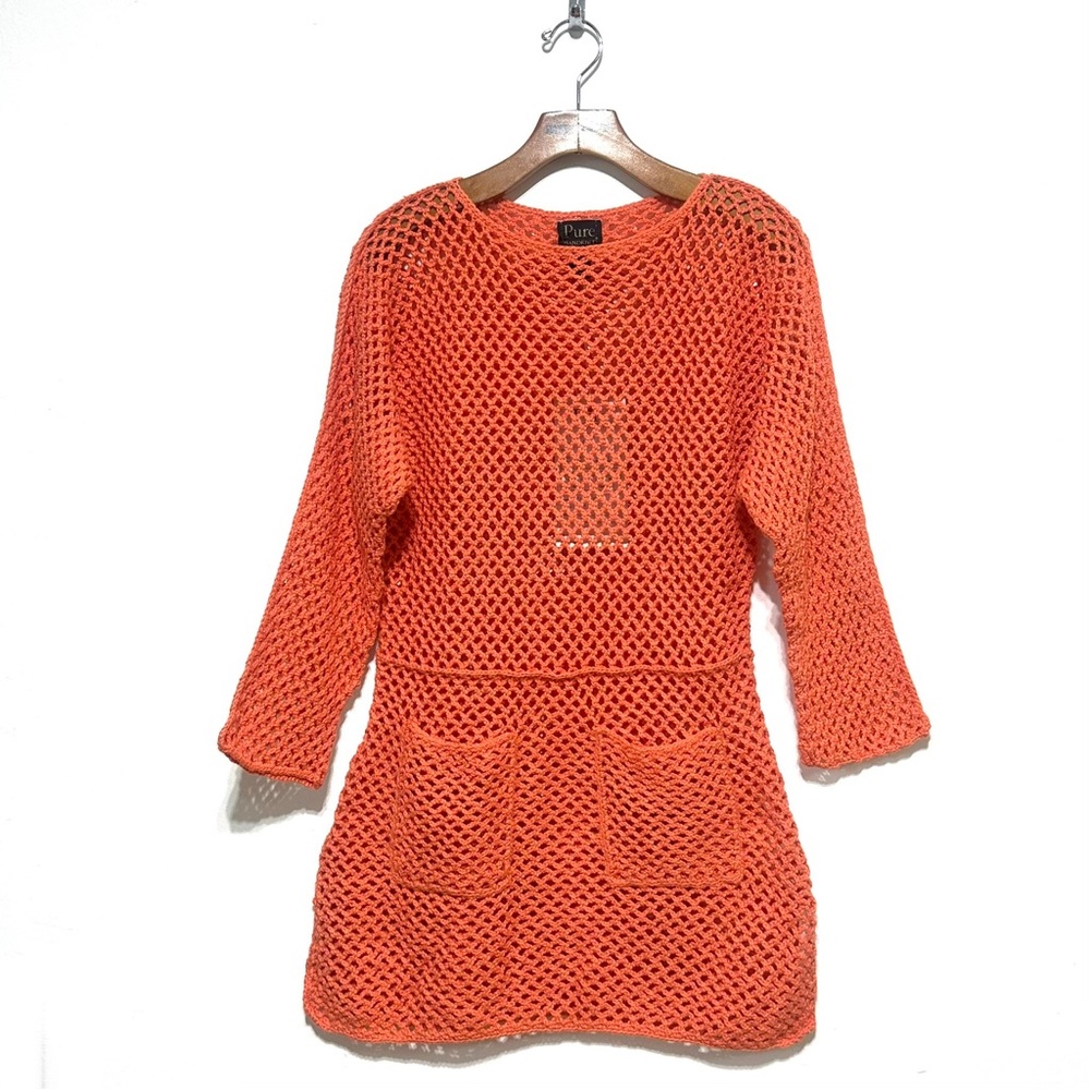 Neon Buddha Pure Handknit Orange Crochet 3/4 Sleeves Mini Dress Small Medium